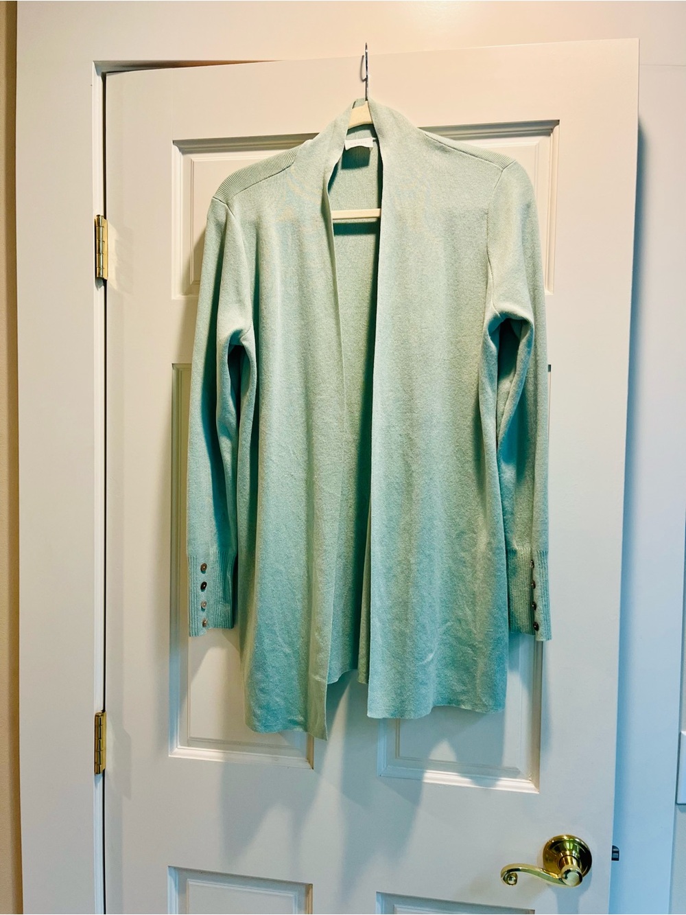 Cyrus Mint Green Long-Line Open-Front Knit Cardigan w/ buttons on cuffs - Sz L!!